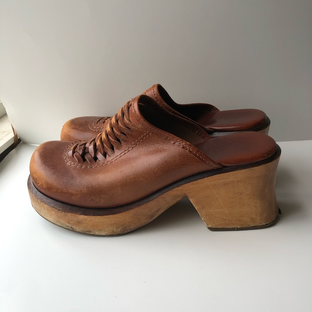 MIA Brown Leather Platform Clog Mules